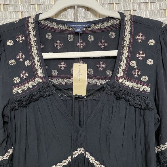 American Eagle Tiered Peasant Dress Size XS Black Embroidered Tassels Boho NEW - Picture 3 of 12